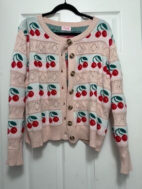 Pink Lily Pale Pink Cherry-Print Button Cardigan